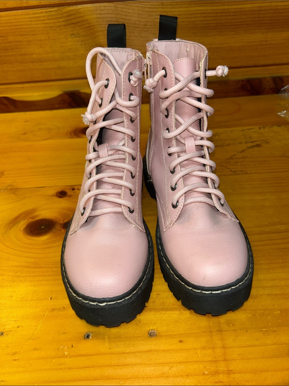 Source Unknown Pink Lace-Up Combat Boots with Black Lug Sole